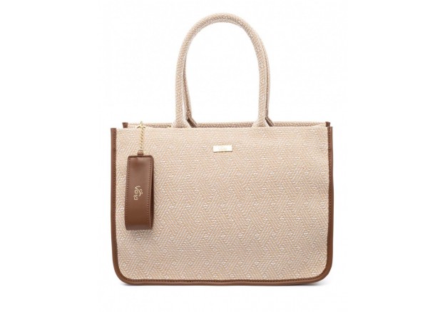 Τσάντα χειρός VETA καμηλό ψάθα σε συνδυασμό με λευκό  και ταμπά λεπτομέρεια 6067-24