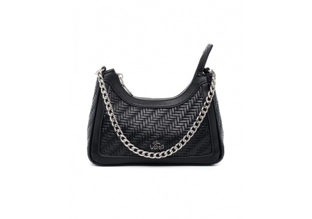 Μικρή τσάντα ώμου VETA μαύρη με ανάγλυφο μοτίβο ψάθας, ασημί αλυσίδα και extra λουράκι για χιαστί 6163-1